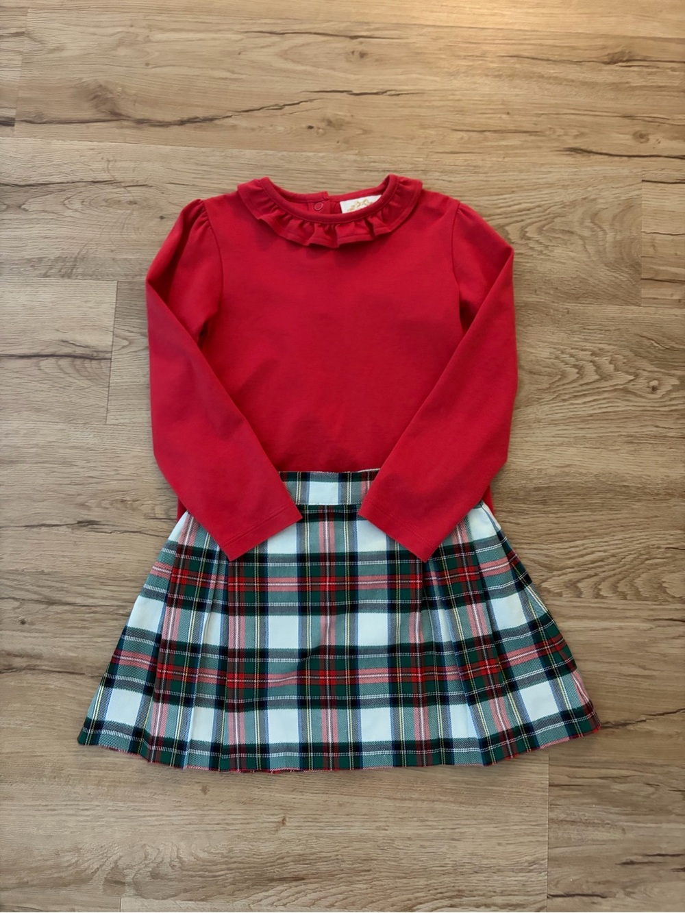 The Beaufort Bonnet Company Red Ruffle-Neck Top with White & Green Plaid Skirt